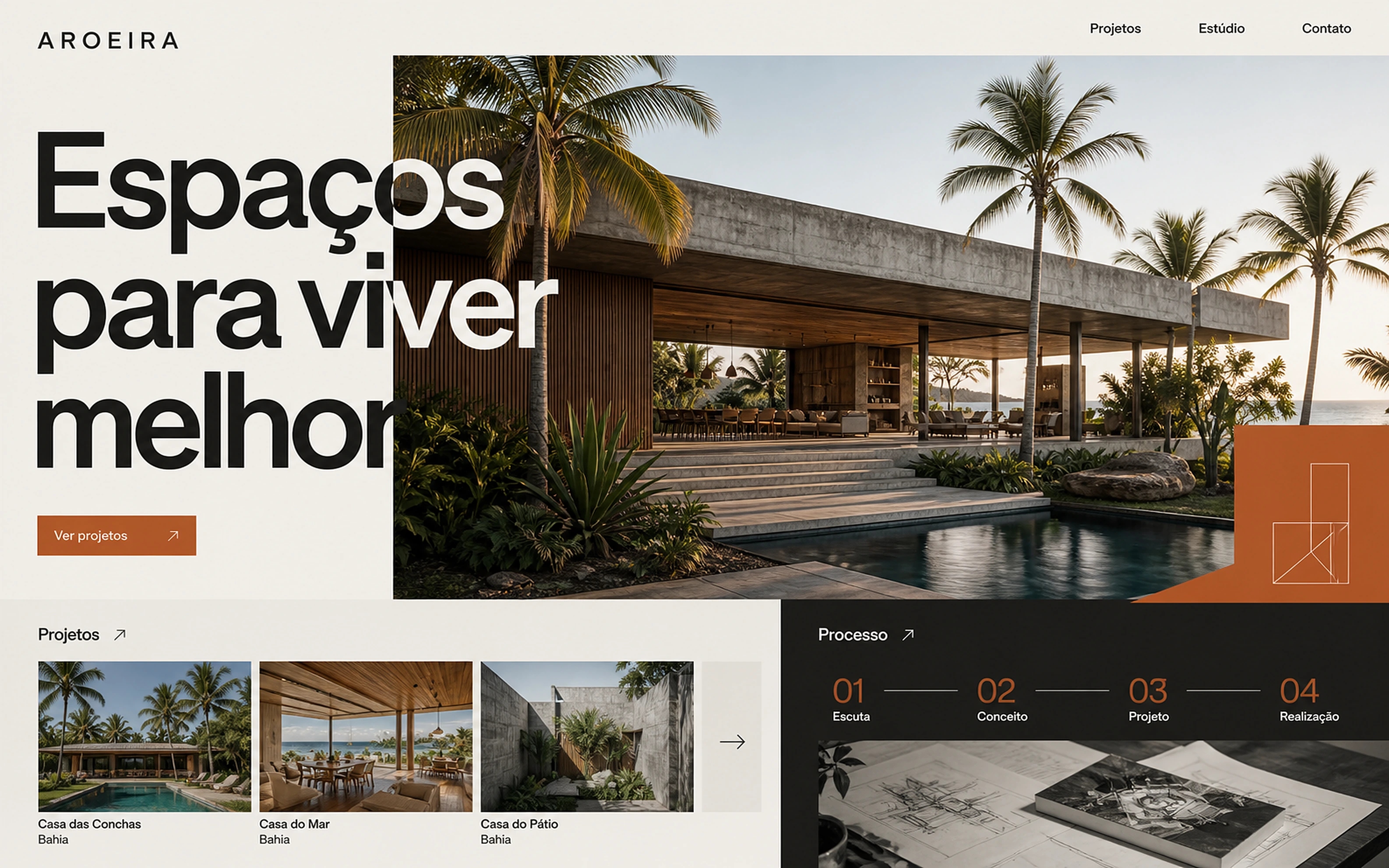 Conceito fictício de site para o Estúdio Aroeira, com residência tropical em destaque, portfólio de projetos e o processo de arquitetura.