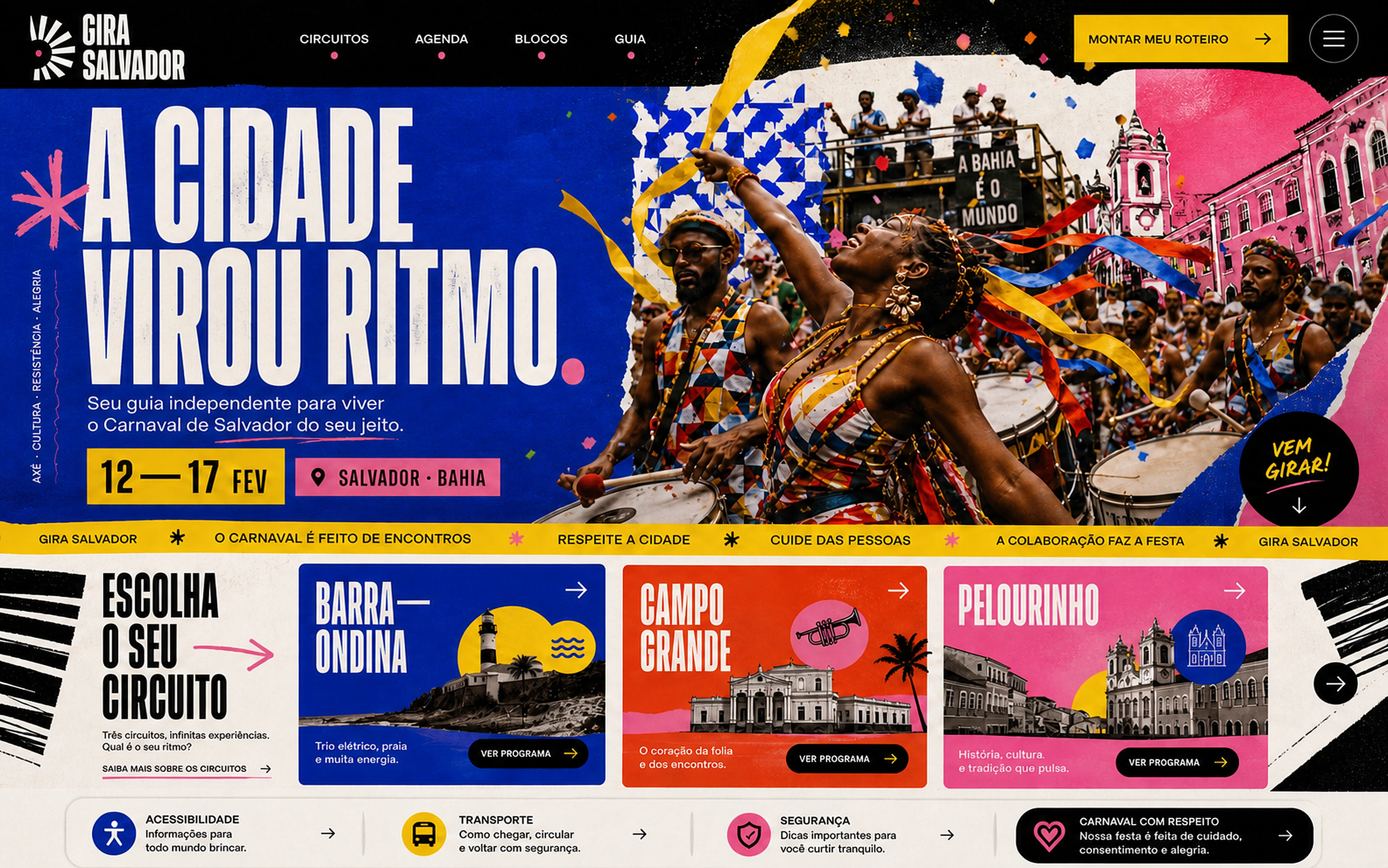 Conceito fictício de site para o guia cultural Gira Salvador, com identidade inspirada no Carnaval de Salvador, circuitos, agenda e informações práticas.