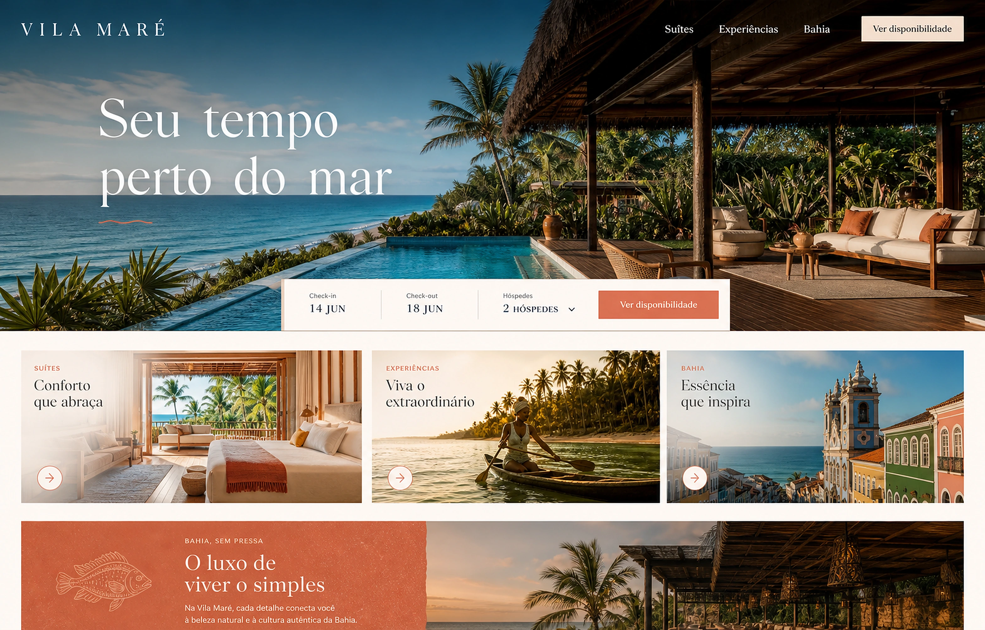 Conceito fictício de site para o hotel Vila Maré, com destino à beira-mar, consulta de disponibilidade, suítes, experiências e identidade baiana.